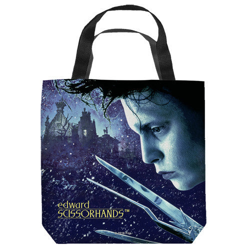 16 inches by 16 inches, Edward Scissorhands - Movie Poster" Tote Bag. This highly collectible bag is made of a spun polyester, and has the look and feel of a "Light Weight Cotton Canvas Bag". Includes 2 black handles and is printed on both sides with same image shown.