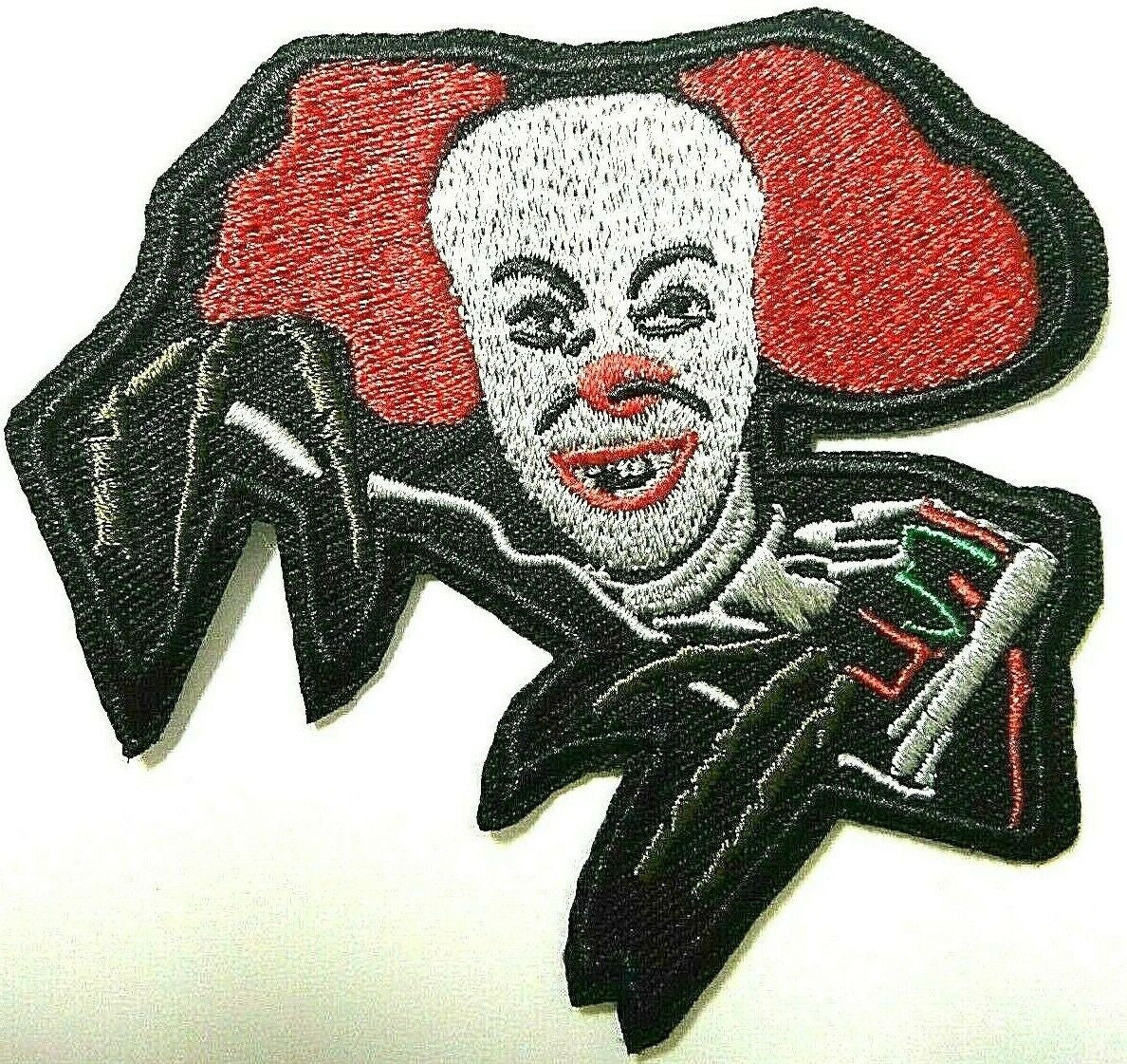 3.5 inches wide, a new Pennywise the Dancing Clown "IT" embroidered patch. Sew on or iron on.
Please note we will always combine shipping on like items. Any additional patch or pin will ship for 50 cent per item. Any additional payment will be reimbursed to your Paypal account. Thank You.