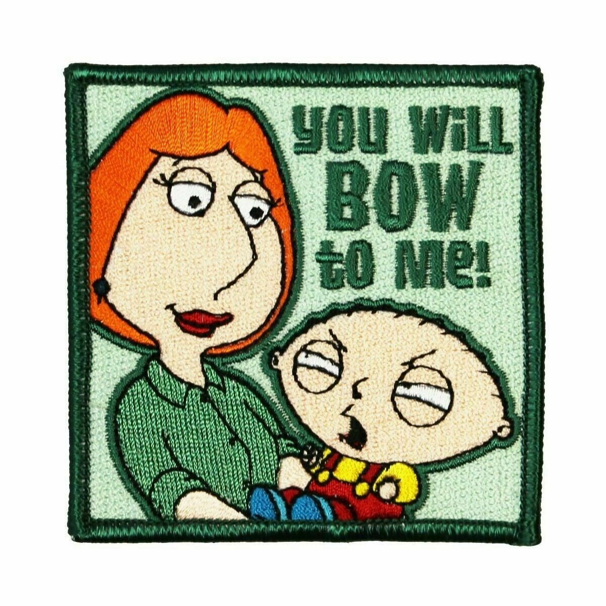 3 inches square, Family Guy, Stewie You Will Bow To Me! embroidered patch, Sew on or iron. New
Please note we will always combine shipping on like items. Any additional patch or pin will ship for 50 cent per item. Any additional payment will be reimbursed to your Paypal account. Thank You.