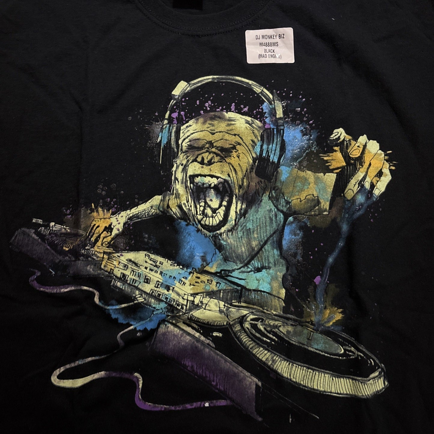DJ Gorilla with turntable Mens Large Graphic T-shirt by Mad Engine