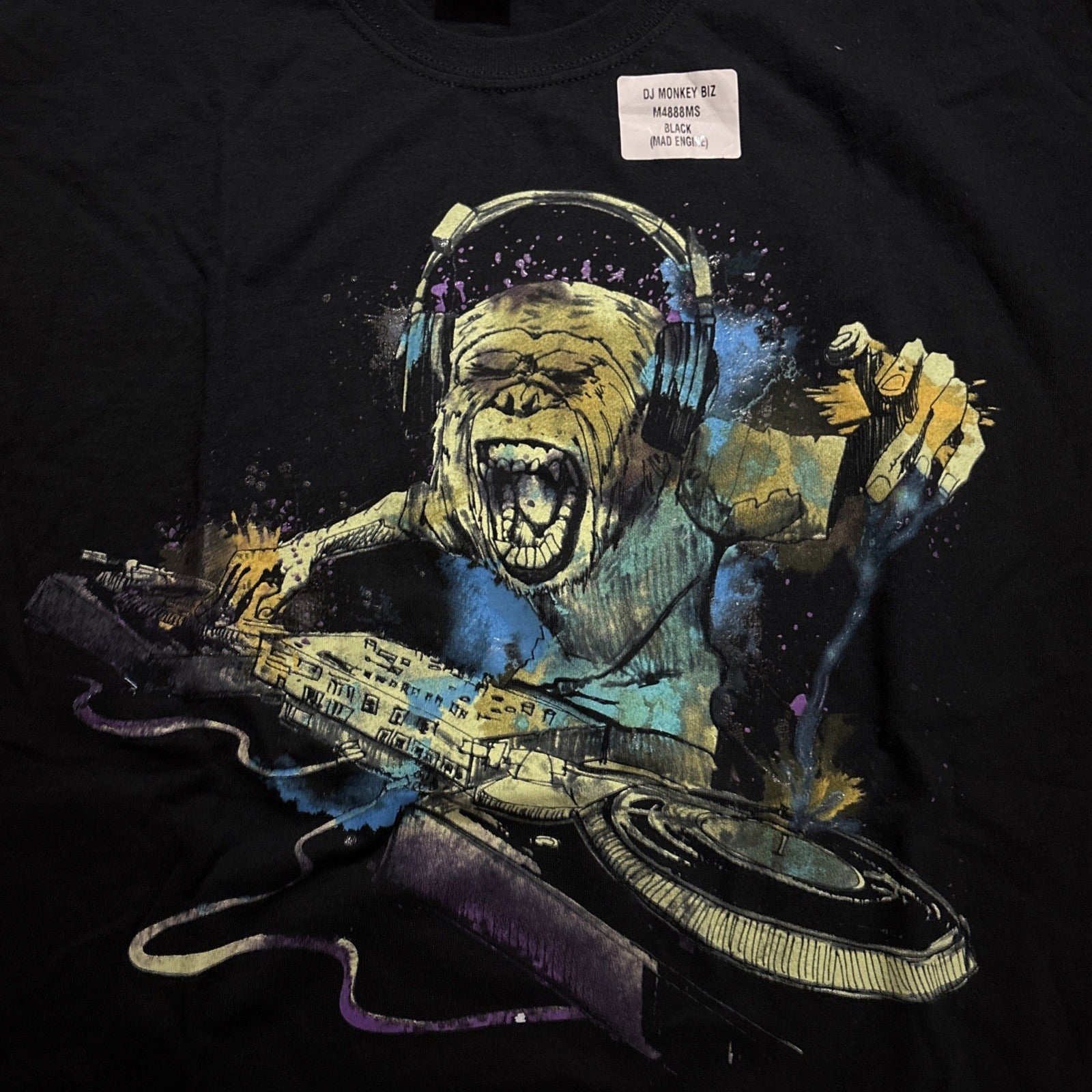 DJ Gorilla with turntable Mens Large Graphic T-shirt by Mad Engine