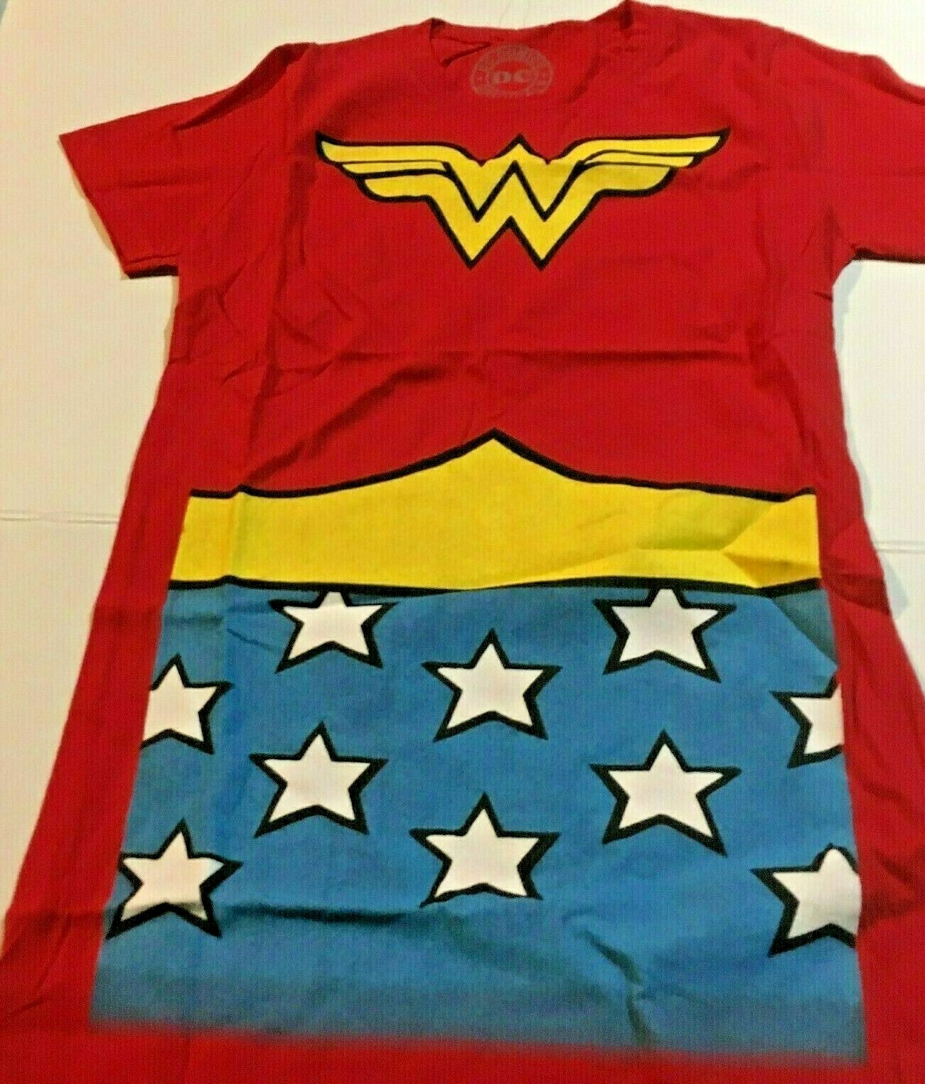 Wonder Woman Junior Women's Costume T-Shirt with Cape. Available med to xL