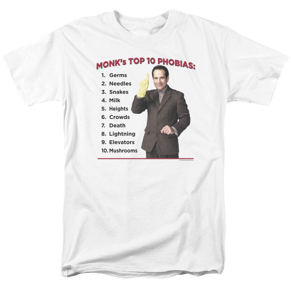 Monk "Top 10 Phobias" Mens Unisex T-Shirt - Available Sm to 5x -New