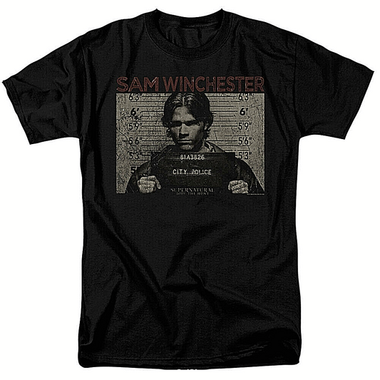 Supernatural Sam Mug Shot Mens Adult Unisex T-Shirt. Available Sm to 5x
