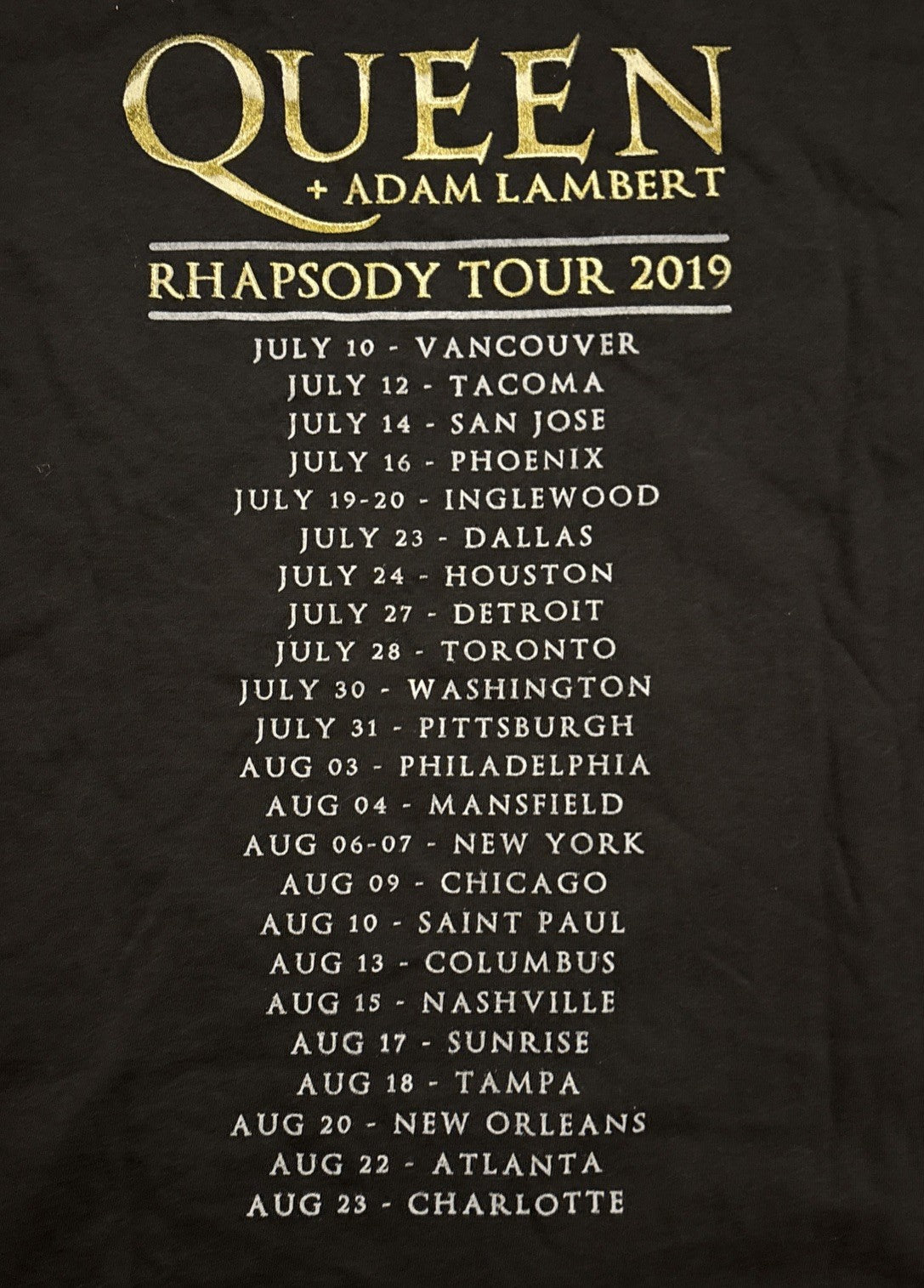 Queen + Adam Lambert "The 2019 Rhapsody Concert Tour" Mens Medium Unisex T-Shirt