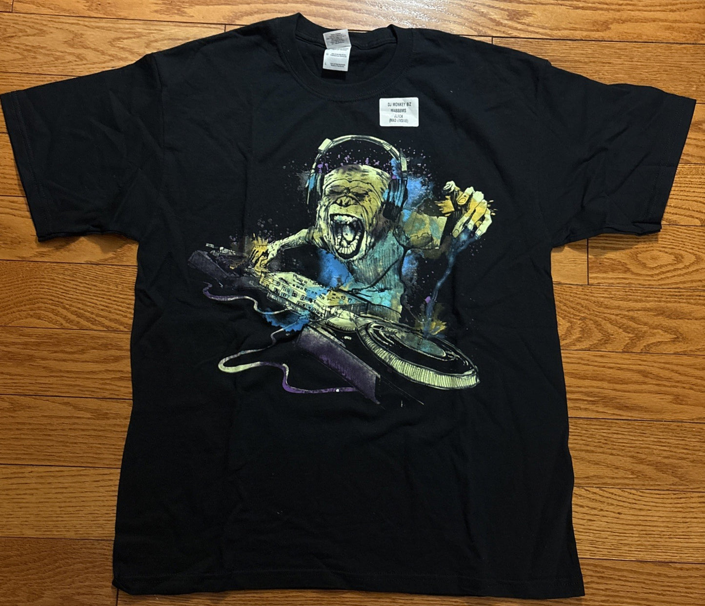 DJ Gorilla with turntable Mens Large Graphic T-shirt by Mad Engine