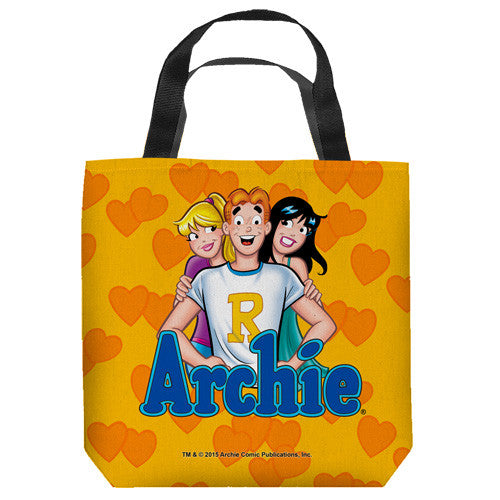 16 inches by 16 inches,  Archie Comics-Love Triangle" Tote Bag.  This highly collectible bag is made of a spun polyester, and has the look and feel of a "Light Weight Cotton Canvas Bag".  Includes 2 black handles and is printed on both sides with same image shown.  
