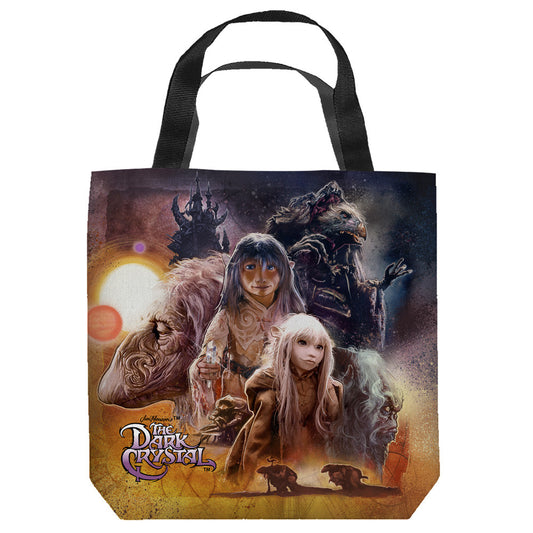 Front - 16 inches by 16 inches,  Dark Crystal Painted Poster" Tote Bag.  This highly collectible bag is made of a spun polyester, and has the look and feel of a "Light Weight Cotton Canvas Bag".  Includes 2 black handles and is printed on both sides with same image shown.  