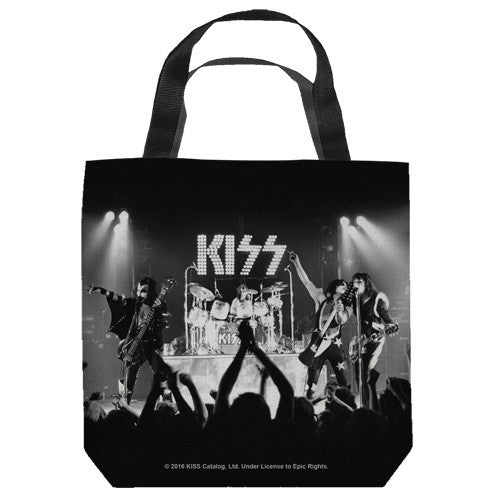 16 inches by 16 inches,  Kiss-Staged "Movie Collage" Tote Bag.  This highly collectible bag is made of a spun polyester, and has the look and feel of a "Light Weight Cotton Canvas Bag".  Includes 2 black handles and is printed on both sides with same image shown.  