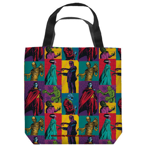 16 inches by 16 inches,  a new Universal Monster "Movie Collage" Tote Bag.  This highly collectible bag is made of a spun polyester, and has the look and feel of a "Light Weight Cotton Canvas Bag".  Includes 2 black handles and is printed on both sides with same image shown.  