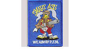 3 5/8  inches tall,  a new Aliens "Smart Ass, We Aim By P.F.M." Logo embroidered patch.  Sew or iron on. New. 
The design was featured on the side of the dropship in the classic sci-fi feature, Aliens.  

Please note we will always combine shipping on like items.  Any additional patch or pin will ship for 50 cent per item.  Any additional payment will be reimbursed to your Paypal account.  Thank You.