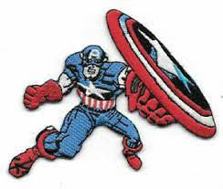 3.5 inches wide, a new Marvel Comics, Captain America "Attacking" embroidered patch. Sew on or iron. 

Please note we will always combine shipping on like items.  Any additional patch or pin will ship for 50 cent per item.  Any additional payment will be reimbursed to your Paypal account.  Thank You.