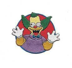 3.5 inches wide,  a new The Simpsons, "Krusty the Klown" embroidered patch.  Sew on or iron. 

Please note we will always combine shipping on like items.  Any additional patch or pin will ship for 50 cent per item.  Any additional payment will be reimbursed to your Paypal account.  Thank You.