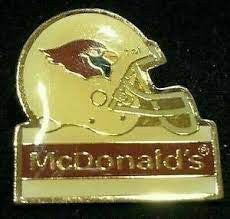 1. inches wide , McDonald's 1992 NFL Arizona Cardinals Helmet Enamel Pin  with clutch back. New.

Please note we will always combine shipping on like items.  Any additional patch or pin will ship for 50 cent per item.  Any additional payment will be reimbursed to your Paypal account.  Thank You.
