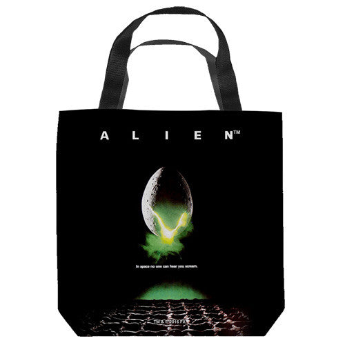 16 inches by 16 inches,  Alien-Poster" Tote Bag.  This highly collectible bag is made of a spun polyester, and has the look and feel of a "Light Weight Cotton Canvas Bag".  Includes 2 black handles and is printed on both sides with same image shown.  