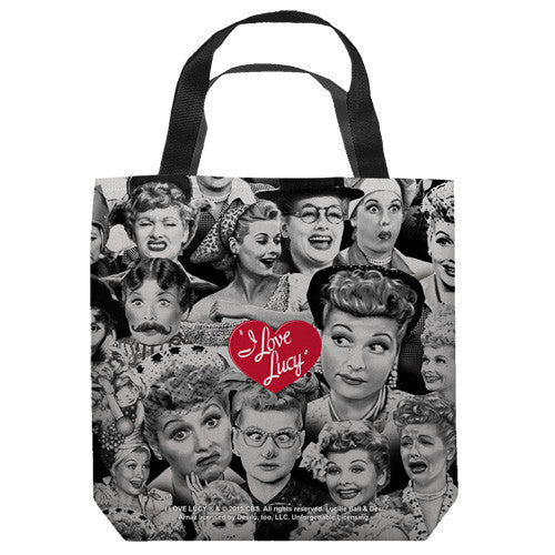 16 inches by 16 inches,  I love Lucy-Faces" Tote Bag.  This highly collectible bag is made of a spun polyester, and has the look and feel of a "Light Weight Cotton Canvas Bag".  Includes 2 black handles and is printed on both sides with same image shown.  