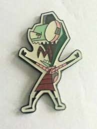 1. 1/2 inches tall, Invader Zim enamel pin with clutch back. New.

Please note we will always combine shipping on like items.  Any additional patch or pin will ship for 50 cent per item.  Any additional payment will be reimbursed to your Paypal account.  Thank You.
