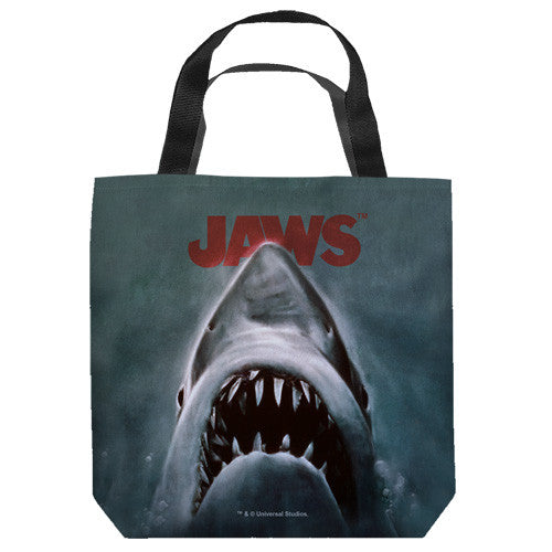 16 inches by 16 inches,  Jaws-Shark" Tote Bag.  This highly collectible bag is made of a spun polyester, and has the look and feel of a "Light Weight Cotton Canvas Bag".  Includes 2 black handles and is printed on both sides with same image shown.  