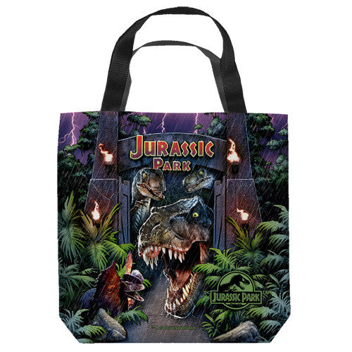 16 inches by 16 inches,  Jurassic Park-Welcome to the park" Tote Bag.  This highly collectible bag is made of a spun polyester, and has the look and feel of a "Light Weight Cotton Canvas Bag".  Includes 2 black handles and is printed on both sides with same image shown.  