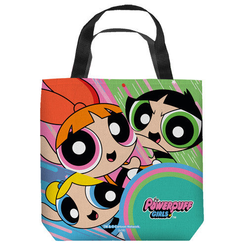 16 inches by 16 inches,  PowerPuff-Say hi" Tote Bag.  This highly collectible bag is made of a spun polyester, and has the look and feel of a "Light Weight Cotton Canvas Bag".  Includes 2 black handles and is printed on both sides with same image shown.  