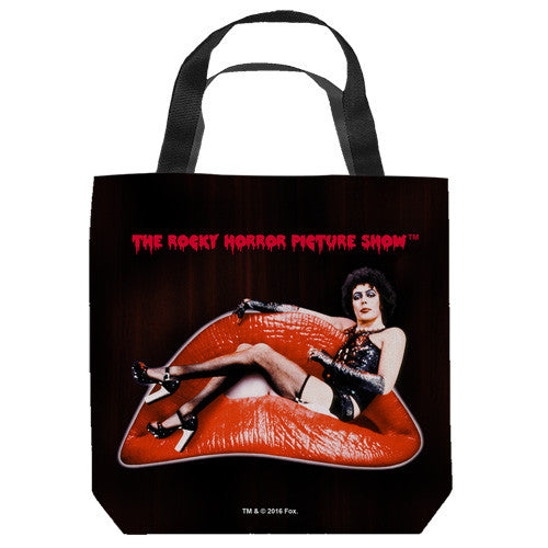 16 inches by 16 inches,  Rocky Horror-Frank Lips" Tote Bag.  This highly collectible bag is made of a spun polyester, and has the look and feel of a "Light Weight Cotton Canvas Bag".  Includes 2 black handles and is printed on both sides with same image shown.  