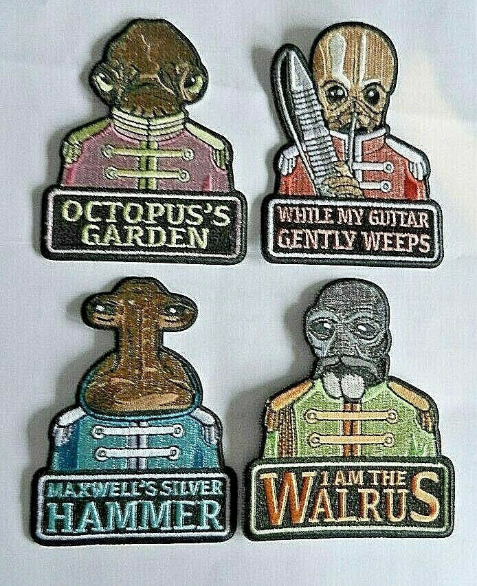 3.75 inches tall,   a new set of 4 Star Wars,  Beatles Sgt. Pepper's Lonely Club Parody embroidered patches.  You will receive one each shown:
1. Octopus's Garden,  2. While My Guitar Gently Weeps, 3. Maxwell's Silver Hammer, 4 I Am The Walrus (Ponda Baba). Sew on or iron on.


Please note we will always combine shipping on like items.  Any additional patch or pin will ship for 50 cent per item.  Any additional payment will be reimbursed to your Paypal account.  Thank You.