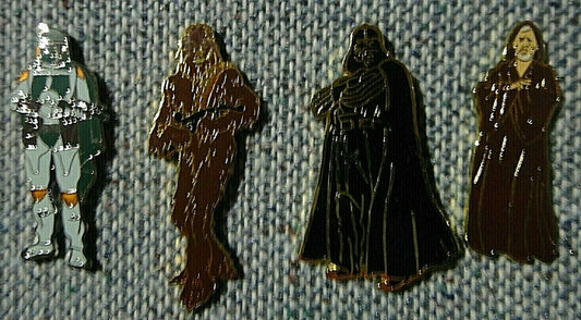2 inches tall.  Four new Star Wars Primary Characters enamel pins with clutch back. You will receive all four pins shown in the photo.  You will receive one each
1. Boba Fett
2. Chewbacca
3. Darth Vader
4. Obi-Wan Kenobi

enamel pin.  New.

Please note we will always combine shipping on like items.  Any additional patch or pin will ship for 50 cent per item.  Any additional payment will be reimbursed to your Paypal account.  Thank You.