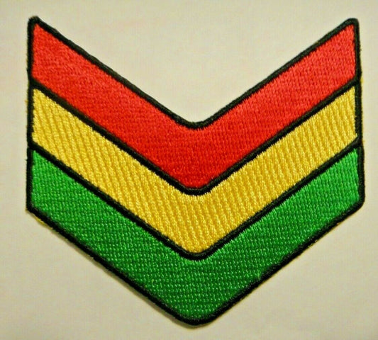 3 inches wide, a new African "Sargent Stripes" embroidered patch. Sew on or iron on. New. 

Please note we will always combine shipping on like items.  Any additional patch or pin will ship for 50 cent per item.  Any additional payment will be reimbursed to your Paypal account.  Thank You.