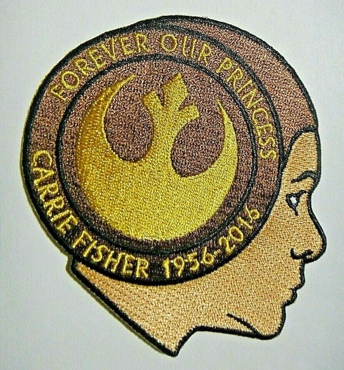 3.5 inches in tall, a new Star Wars Forever Our Princess "Carrie Fisher 1956-2016" embroidered patch. Sew on or iron on. New.

Please note we will always combine shipping on like items.  Any additional patch or pin will ship for 50 cent per item.  Any additional payment will be reimbursed to your Paypal account.  Thank You.