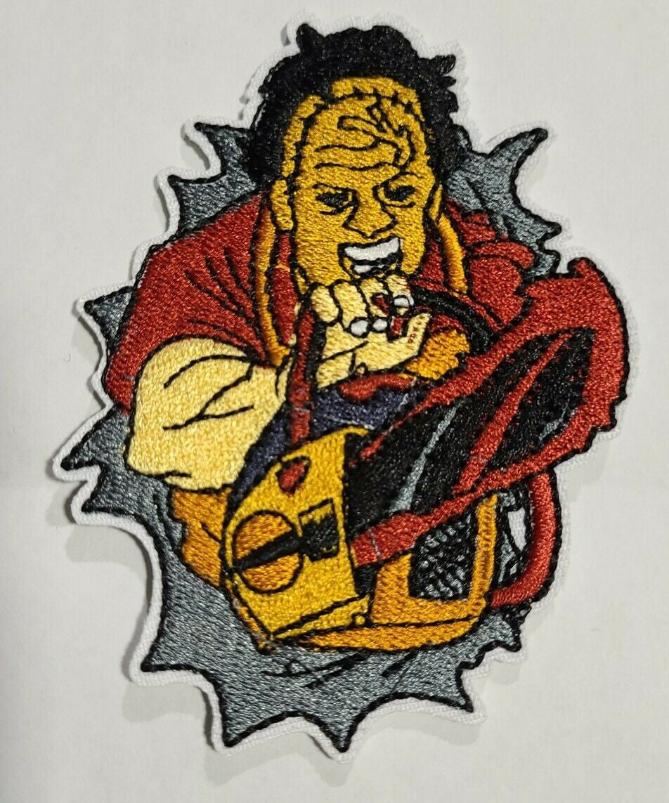 3.5 inches wide,  a new Texas Chainsaw Massacre "Chainsaw" embroidered patch. Sew on or iron on.

Please note we will always combine shipping on like items.  Any additional patch or pin will ship for 50 cent per item.  Any additional payment will be reimbursed to your Paypal account.  Thank You.