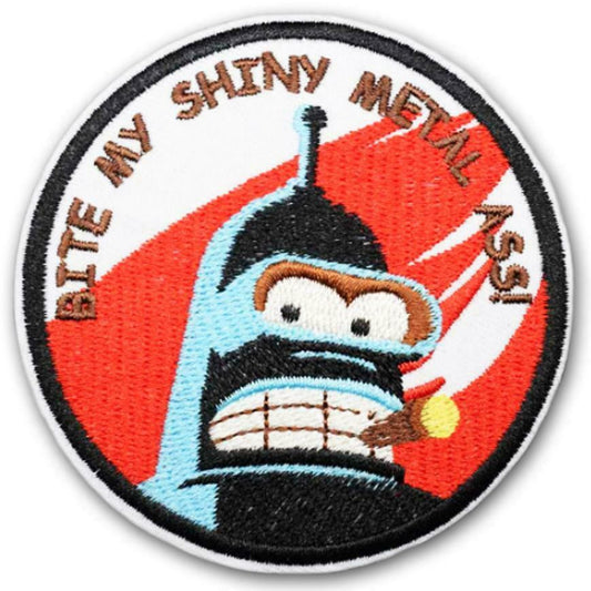 3.5 inches tall,  Futurama, "Bite My Shiny Metal Ass"  Embroidered Patch. Sew on or iron.  New 

Please note we will always combine shipping on like items.  Any additional patch or pin will ship for 50 cent per item.  Any additional payment will be reimbursed to your Paypal account.  Thank You.