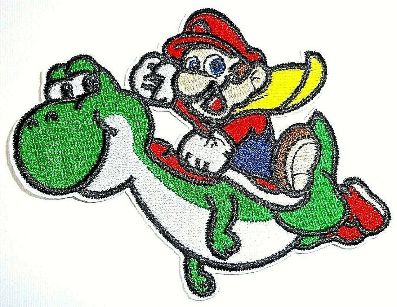 4 inches tall,  a new Super Mario "Riding Yoshi" embroidered patch. Sew on or iron on. New.

Please note we will always combine shipping on like items.  Any additional patch or pin will ship for 50 cent per item.  Any additional payment will be reimbursed to your Paypal account.  Thank You.