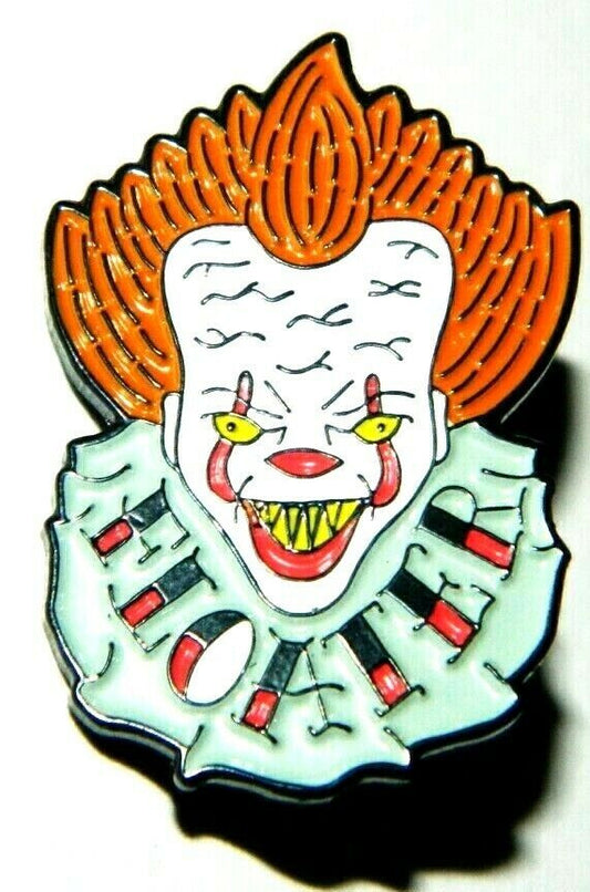 1. 1/4 inches tall a new Stephen King’s It The Movie "Pennywise Face" Cloisonne Pin with pin back clutch.    

Please note we will always combine shipping on like items.  Any additional patch or pin will ship for 50 cent per item.  Any additional payment will be reimbursed to your Paypal account.  Thank You.