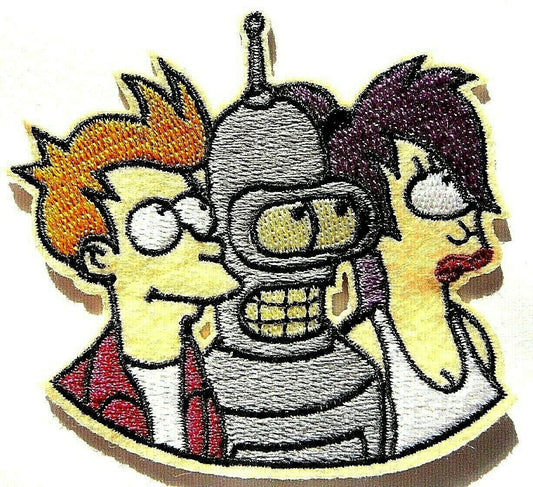 3.25 inches wide, new Futurama Trio "Frye, Bender & Leela" embroidered patch, Sew on or iron.  

Please note we will always combine shipping on like items.  Any additional patch or pin will ship for 50 cent per item.  Any additional payment will be reimbursed to your Paypal account.  Thank You.
