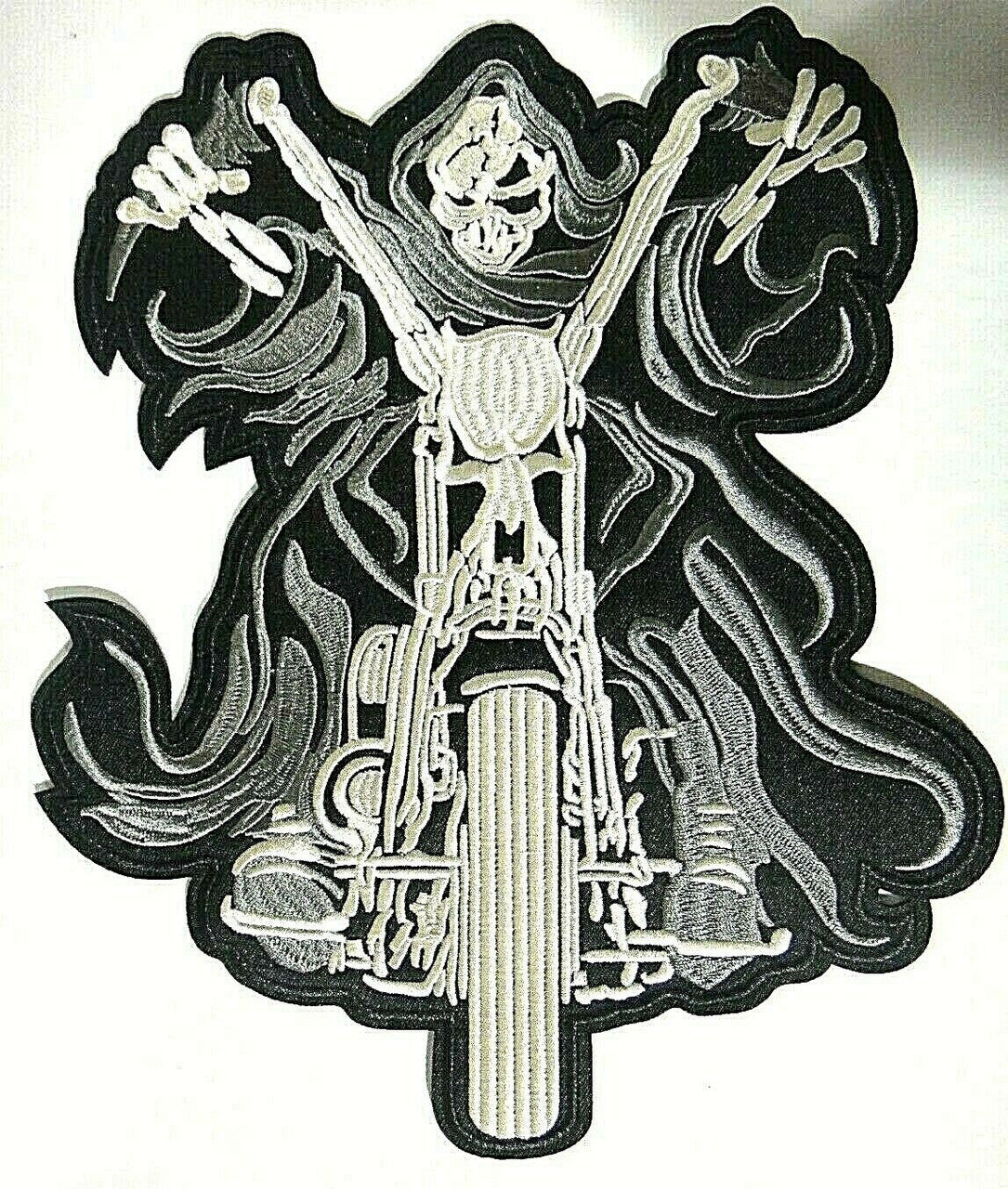 Grim Reaper Riding a Motorcycle Embroidered Jacket Patch -new
Over 10 inches tall.  Sew on or Iron. 


Please note we will always combine shipping on like items.  Any additional patch or pin will ship for 50 cent per item.  Any additional payment will be reimbursed to your Paypal account.  Thank You.