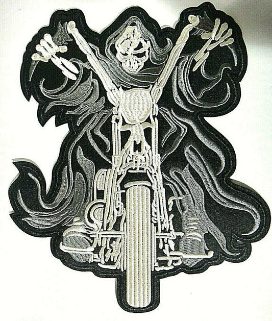 Grim Reaper Riding a Motorcycle Embroidered Jacket Patch -new
Over 10 inches tall.  Sew on or Iron. 


Please note we will always combine shipping on like items.  Any additional patch or pin will ship for 50 cent per item.  Any additional payment will be reimbursed to your Paypal account.  Thank You.
