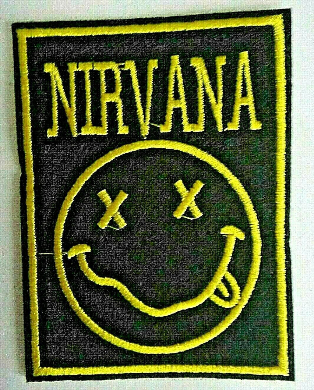 3.75 inches tall, Nirvana "Smiley Face Logo" Embroidered Patch.  Sew on or iron.  

Please note we will always combine shipping on like items.  Any additional patch or pin will ship for 50 cent per item.  Any additional payment will be reimbursed to your Paypal account.  Thank You.