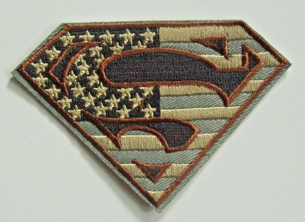 3.75 inches wide, a new Superman "S" Chest Logo with American flag in military-style subdued colors embroidered patch. Sew on or iron on. New.

Please note we will always combine shipping on like items.  Any additional patch or pin will ship for 50 cent per item.  Any additional payment will be reimbursed to your Paypal account.  Thank You.
