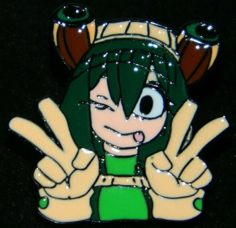 1.25 inch wide,  a new My Hero Academia Anime Tsuyu Asui Peace Sign Image metal pin with clutch back. New

Please note we will always combine shipping on like items.  Any additional patch or pin will ship for 75 cent per item.  Any additional payment will be reimbursed to your Paypal account.  Thank You.