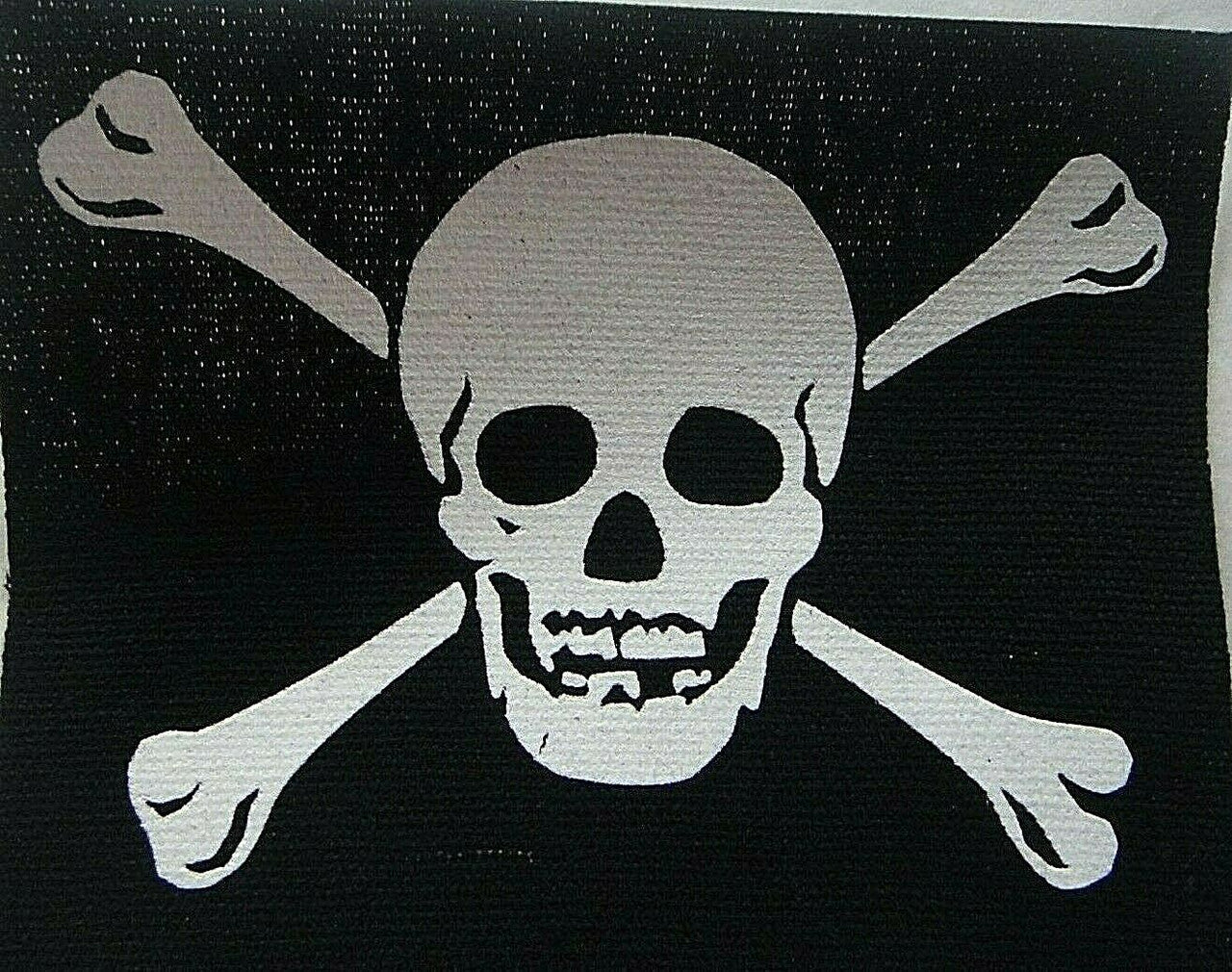 5 inch wide by 4 inches tall, a new Pirate Skull and Bones Flag patch.  Sew in or iron. 

Please note we will always combine shipping on like items.  Any additional patch or pin will ship for 50 cent per item.  Any additional payment will be reimbursed to your Paypal account.  Thank You.