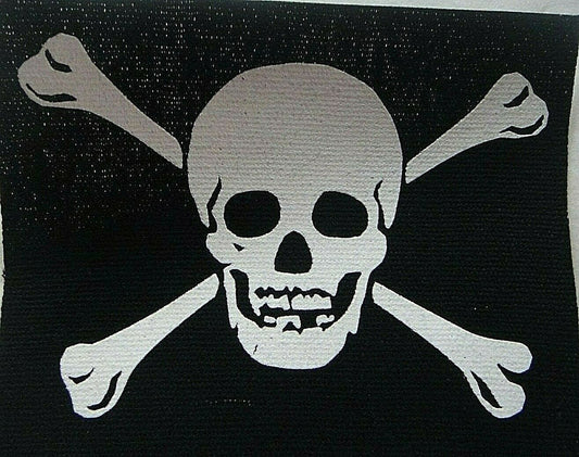 5 inch wide by 4 inches tall, a new Pirate Skull and Bones Flag patch.  Sew in or iron. 

Please note we will always combine shipping on like items.  Any additional patch or pin will ship for 50 cent per item.  Any additional payment will be reimbursed to your Paypal account.  Thank You.
