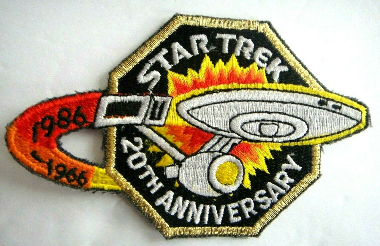4. 1/2 inches wide, a new Star Trek 20th Anniversary "1966 to 1986" embroidered patch. Sew on or iron on. New.

Please note we will always combine shipping on like items.  Any additional patch or pin will ship for 50 cent per item.  Any additional payment will be reimbursed to your Paypal account.  Thank You.