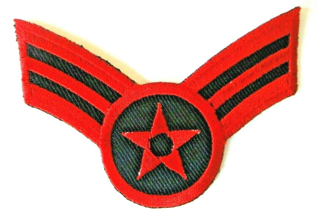 3 1/4 inches wide, a new U.S. Air Force "Sargent Stripes" embroidered patch. Sew on or iron on. New. 

Please note we will always combine shipping on like items.  Any additional patch or pin will ship for 50 cent per item.  Any additional payment will be reimbursed to your Paypal account.  Thank You.