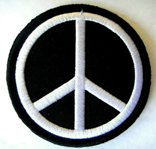 3 inches wide, a new Peace Symbol "Black & White" embroidered patch. Sew on or iron on. New. 

Please note we will always combine shipping on like items.  Any additional patch or pin will ship for 50 cent per item.  Any additional payment will be reimbursed to your Paypal account.  Thank You.