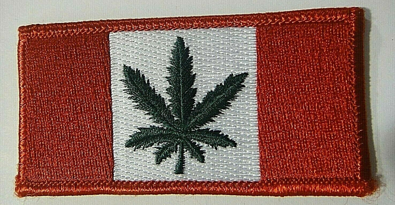 3.5 inches wide, a new Canada Marijuana flag embroidered shoulder patch. Sew on or iron on. New. 

Please note we will always combine shipping on like items.  Any additional patch or pin will ship for 50 cent per item.  Any additional payment will be reimbursed to your Paypal account.  Thank You.
