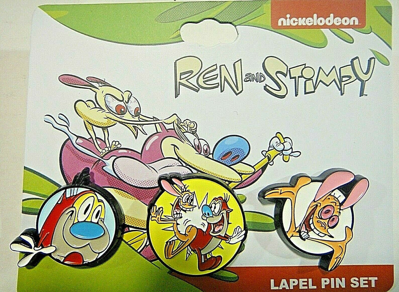 1 inch tall, a new set of 3 enamel pins on a display card featuring Nickelodeon's Ren and Stimpy cartoon.  The metal pins include a clutch back.

Please note we will always combine shipping on like items.  Any additional patch or pin will ship for 50 cent per item.  Any additional payment will be reimbursed to your Paypal account.  Thank You.