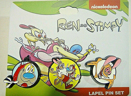 1 inch tall, a new set of 3 enamel pins on a display card featuring Nickelodeon's Ren and Stimpy cartoon.  The metal pins include a clutch back.

Please note we will always combine shipping on like items.  Any additional patch or pin will ship for 50 cent per item.  Any additional payment will be reimbursed to your Paypal account.  Thank You.
