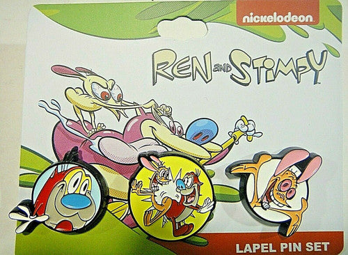 Nickelodeon Ren and Stimpy 3 piece Enamel Pin Set on Card. -new