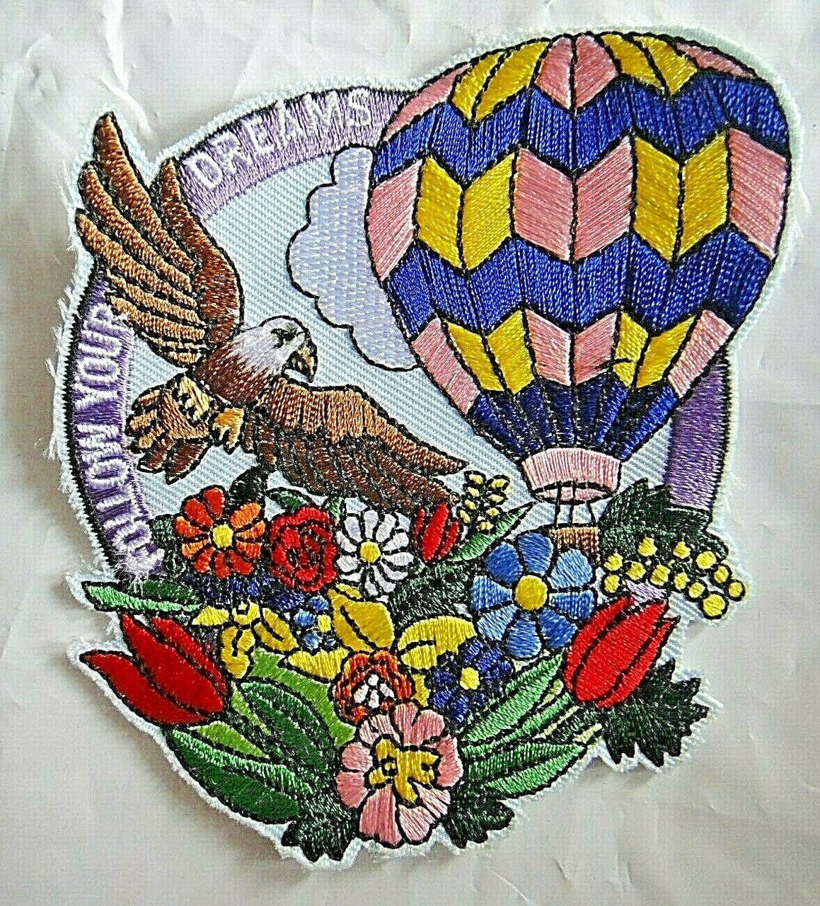 4 1/4 inches tall.  a new Ballooning "Follow Your Dreams" Embroidered Patch. Sew on or iron on. New.

Please note we will always combine shipping on like items.  Any additional patch or pin will ship for 50 cent per item.  Any additional payment will be reimbursed to your Paypal account.  Thank You.