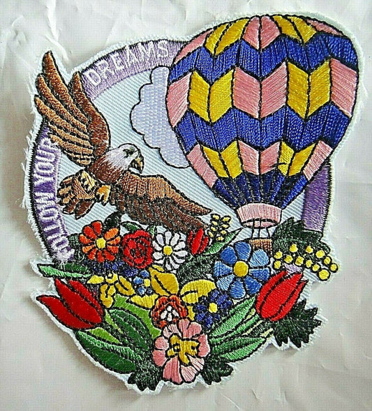 4 1/4 inches tall.  a new Ballooning "Follow Your Dreams" Embroidered Patch. Sew on or iron on. New.

Please note we will always combine shipping on like items.  Any additional patch or pin will ship for 50 cent per item.  Any additional payment will be reimbursed to your Paypal account.  Thank You.